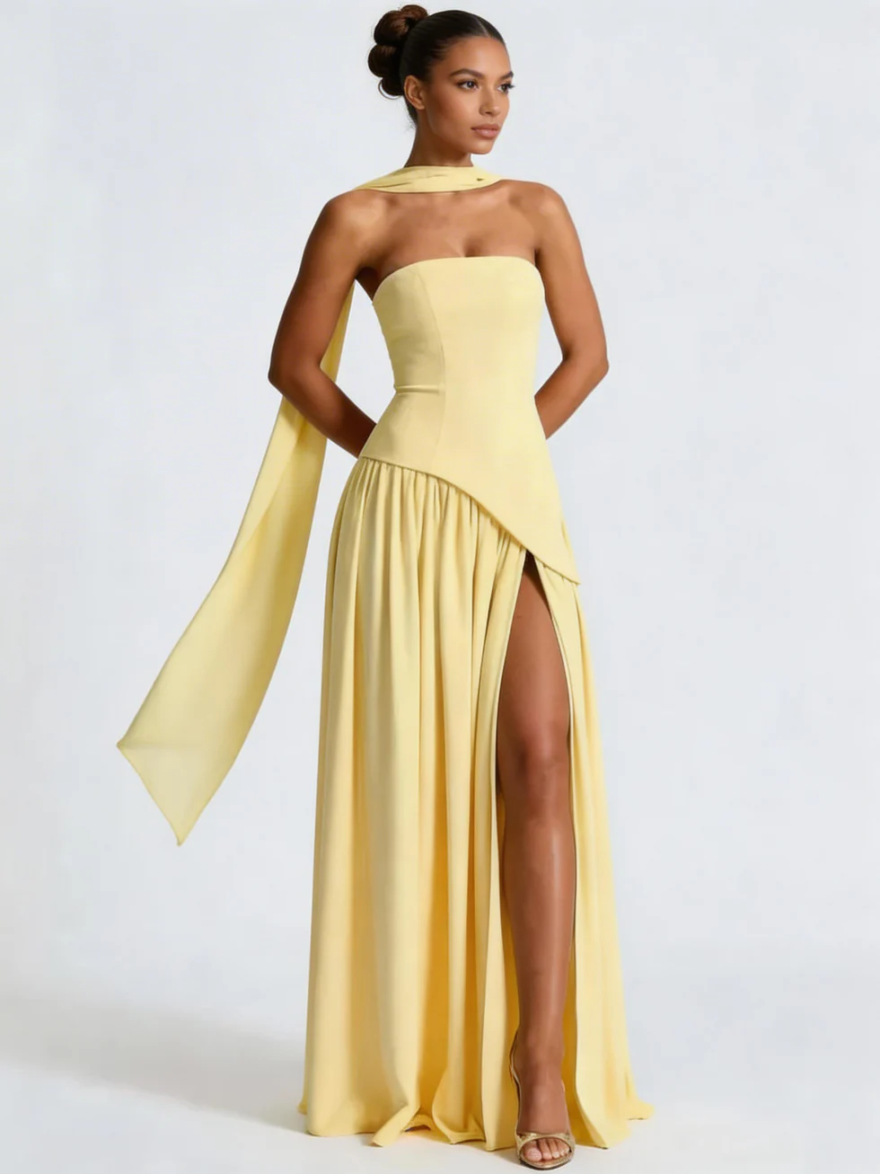 The Strapless Pleated Maxi Slit Dress