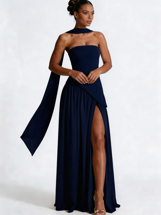 The Strapless Pleated Maxi Slit Dress