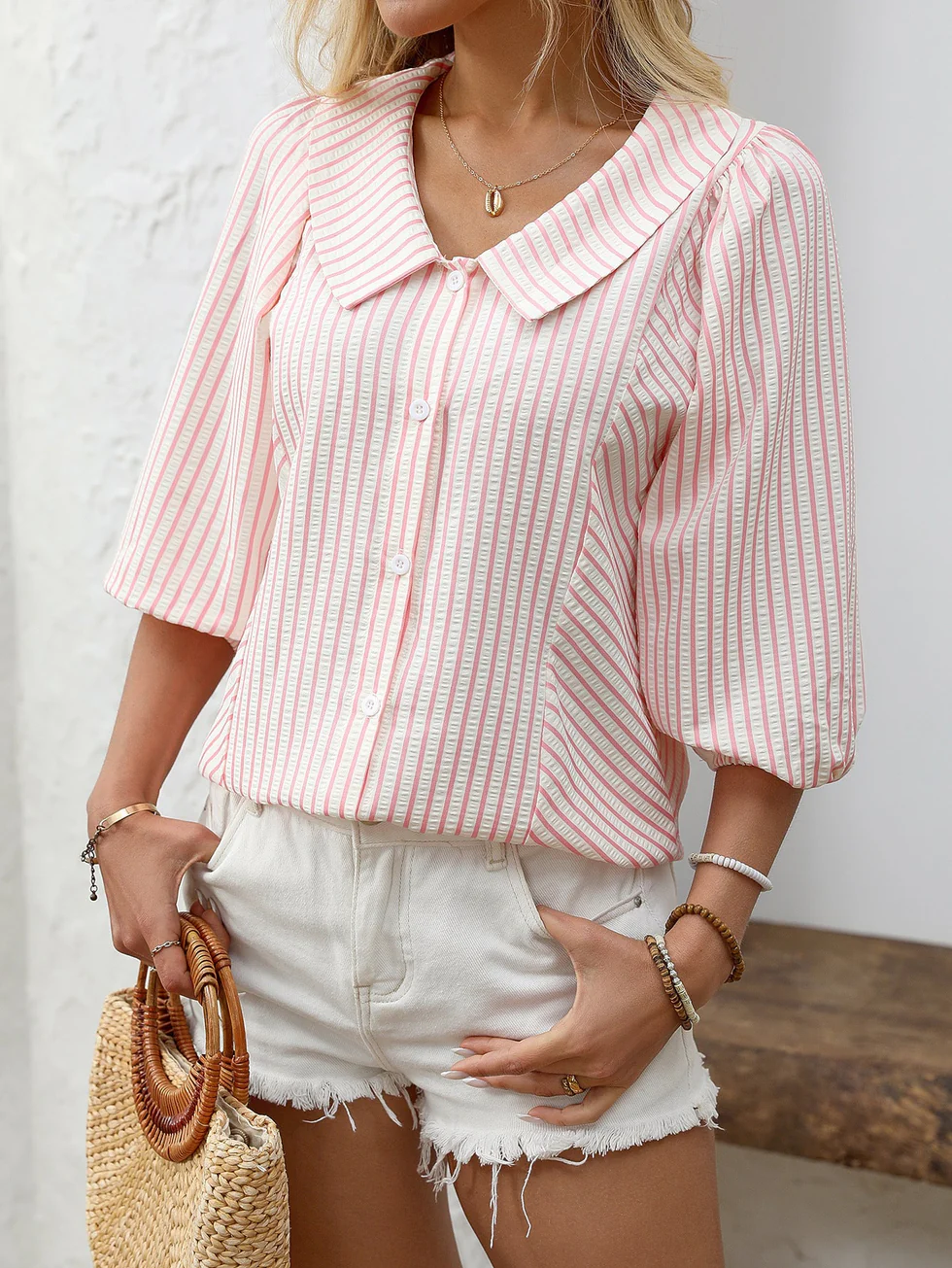The Striped Button Puff Sleeve Blouse