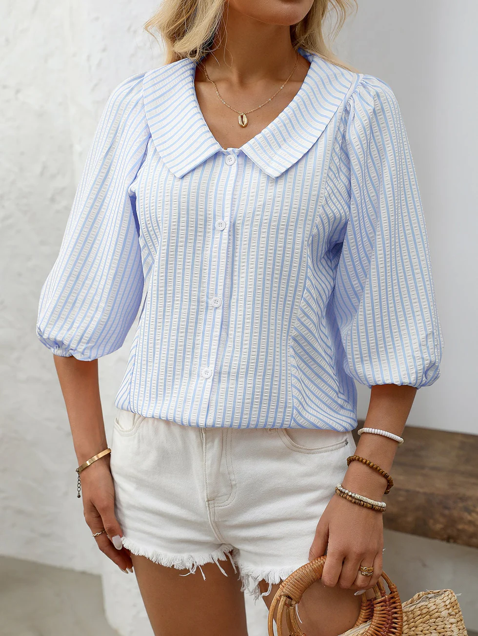 The Striped Button Puff Sleeve Blouse