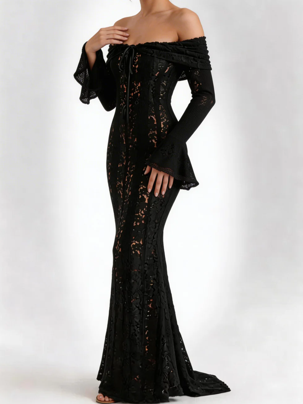 The Lace Off Shoulder Flare Maxi Dress