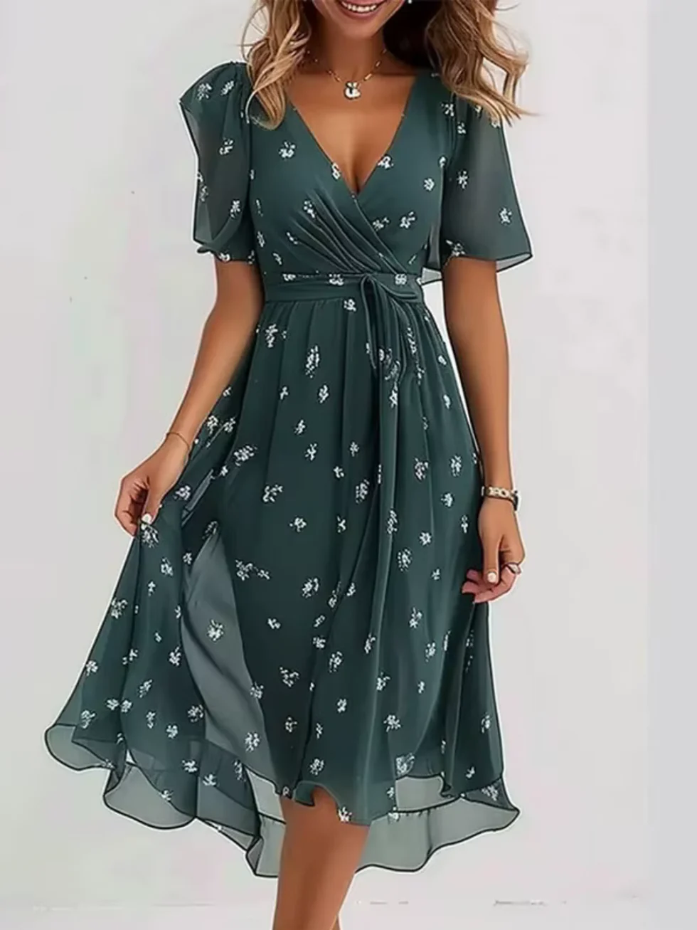 The Floral Print V Neck Mini Dress