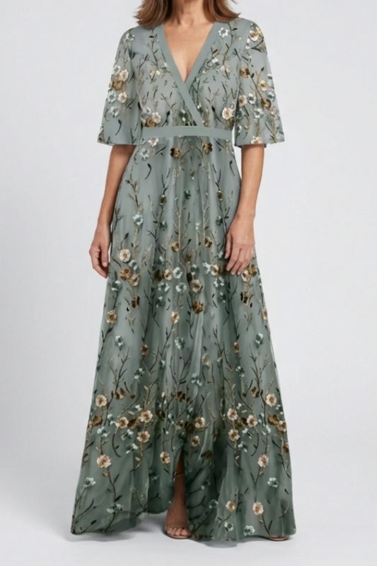 The Floral Print Pleated V Neck Maxi Dress