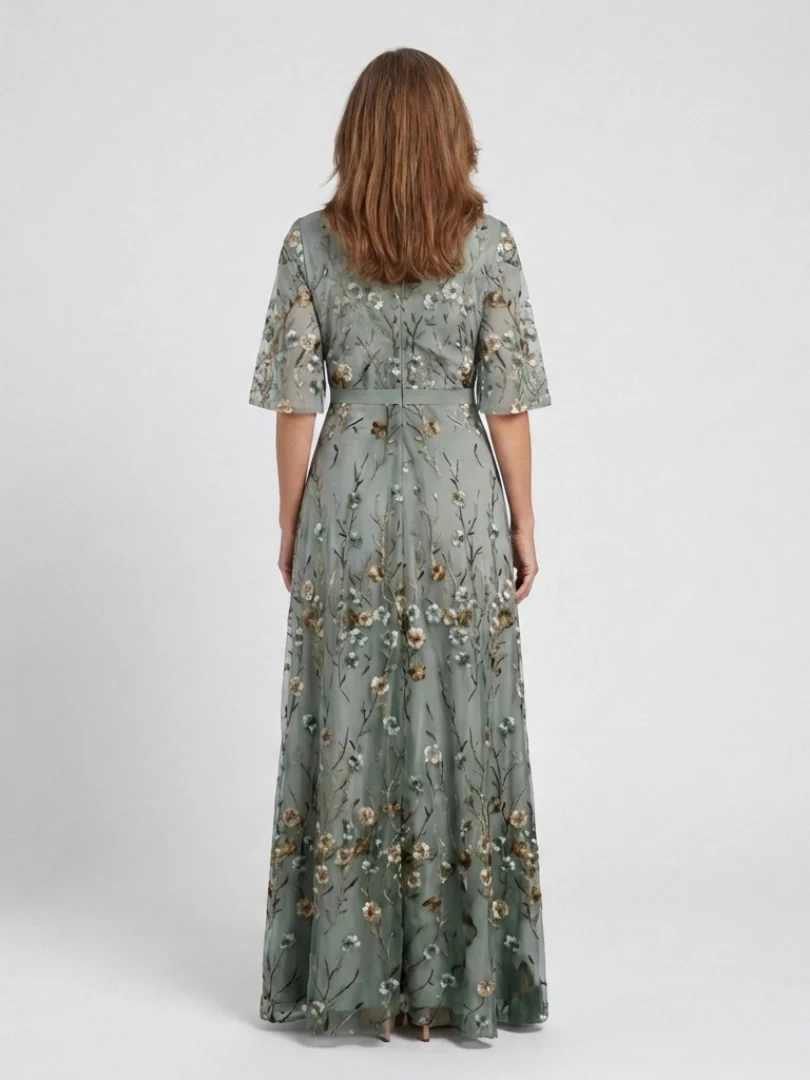 The Floral Print Pleated V Neck Maxi Dress