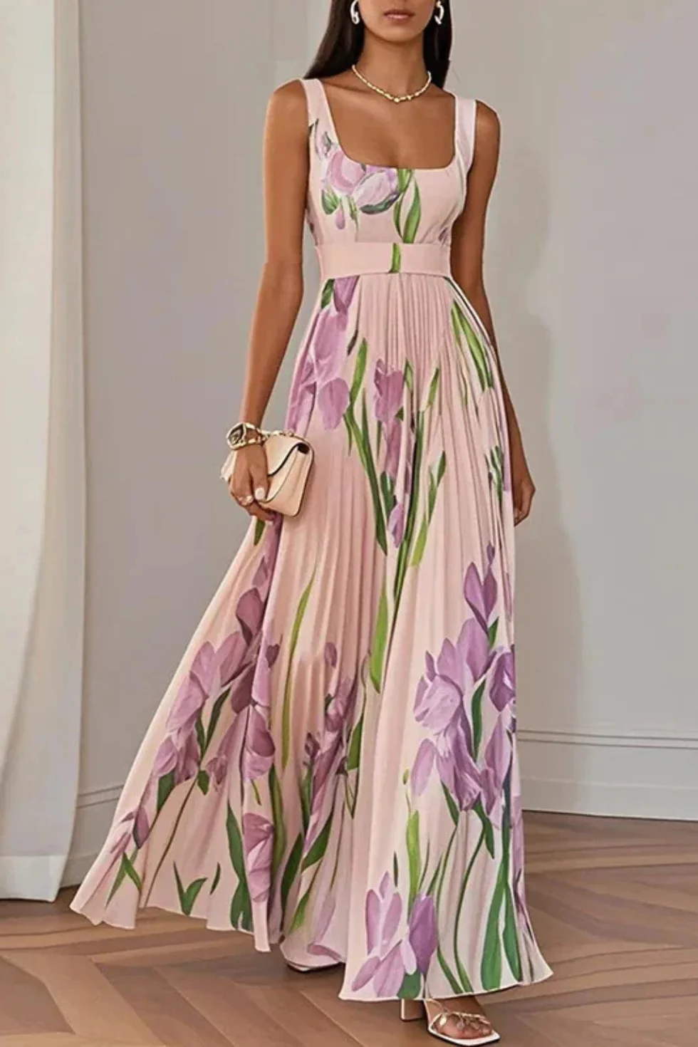 The Floral Print Pleated Square Neck Maxi Dress