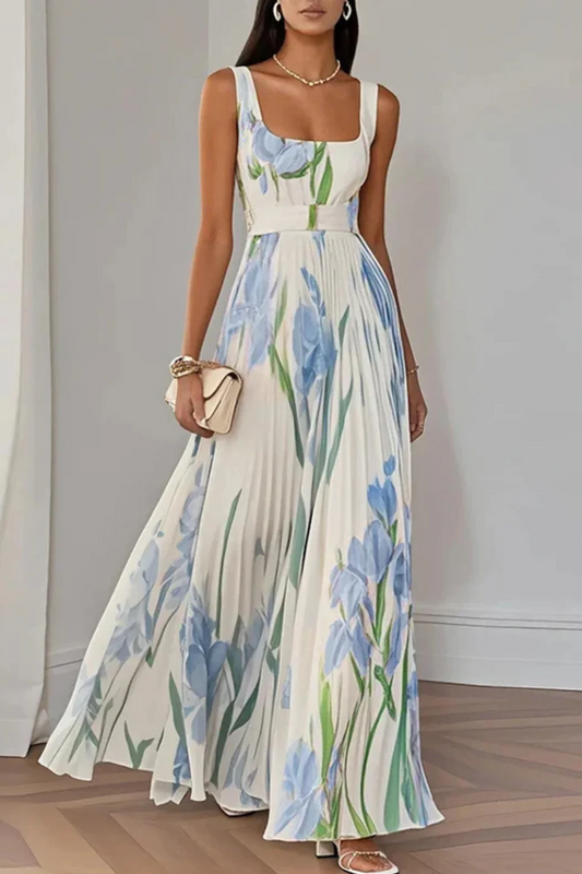 The Floral Print Pleated Square Neck Maxi Dress