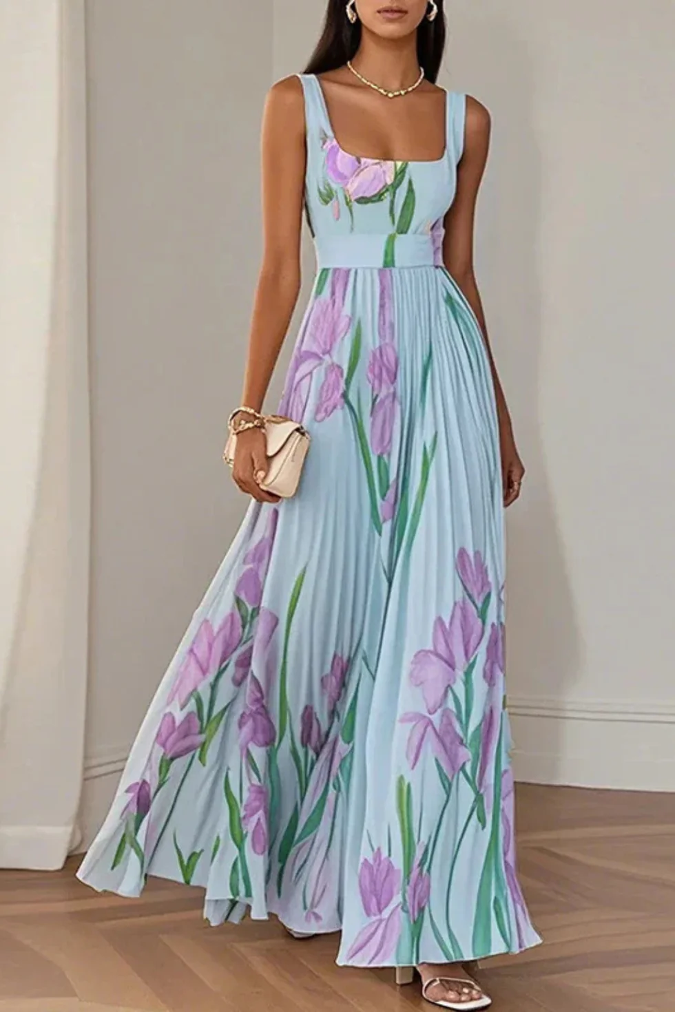 The Floral Print Pleated Square Neck Maxi Dress