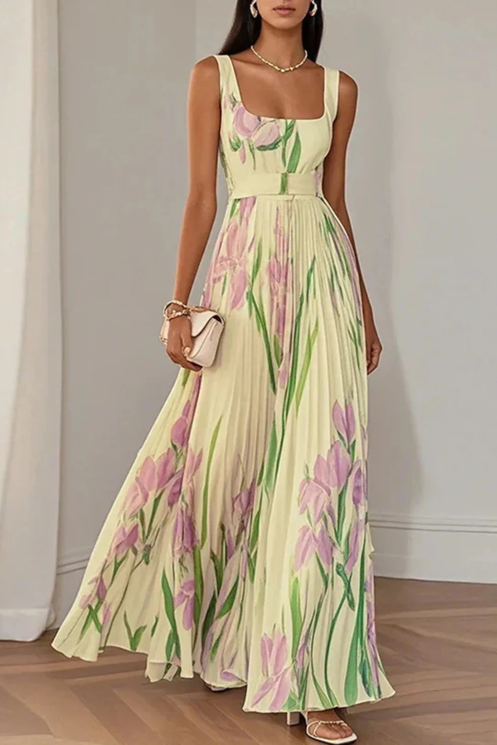 The Floral Print Pleated Square Neck Maxi Dress