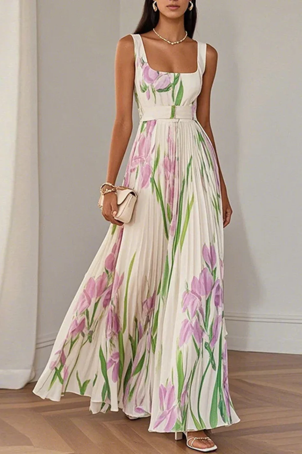 The Floral Print Pleated Square Neck Maxi Dress