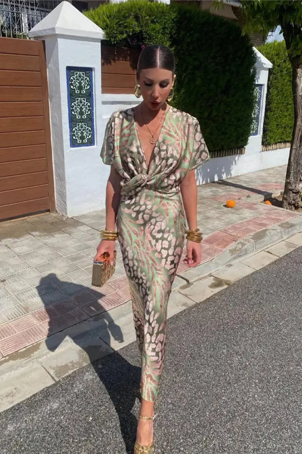 The Printed Twist Front V Neck Midi Dress