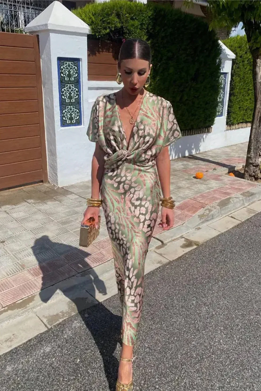 The Printed Twist Front V Neck Midi Dress