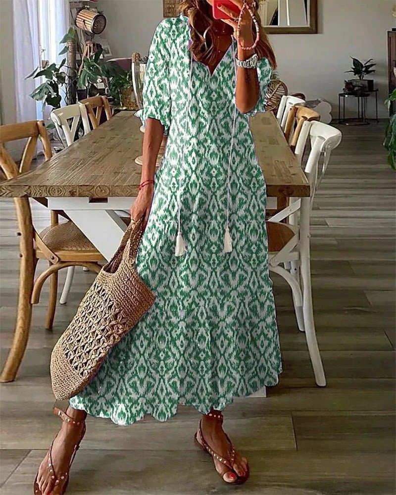 The Bohemian Print V Neck Midi Dress