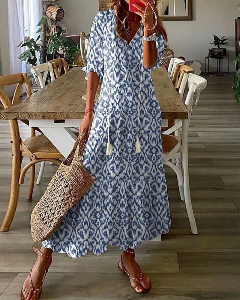 The Bohemian Print V Neck Midi Dress