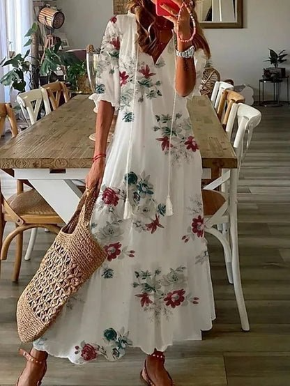 The Bohemian Print V Neck Midi Dress