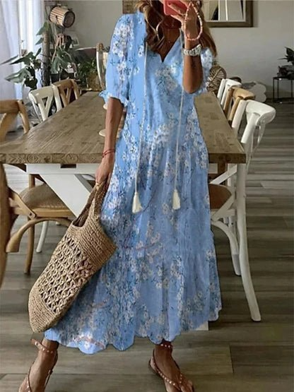 The Bohemian Print V Neck Midi Dress
