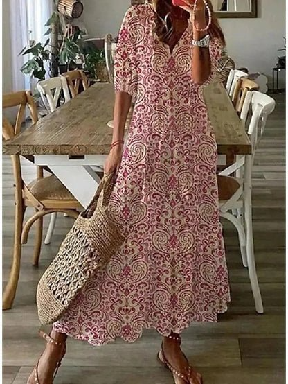 The Bohemian Print V Neck Midi Dress