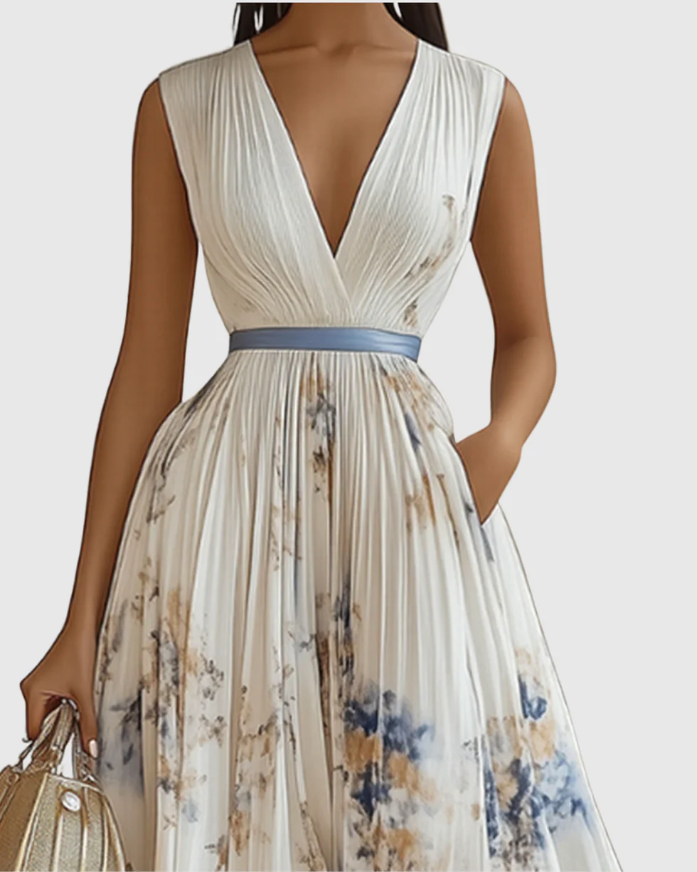 The Floral Pleated V Neck Midi Dress