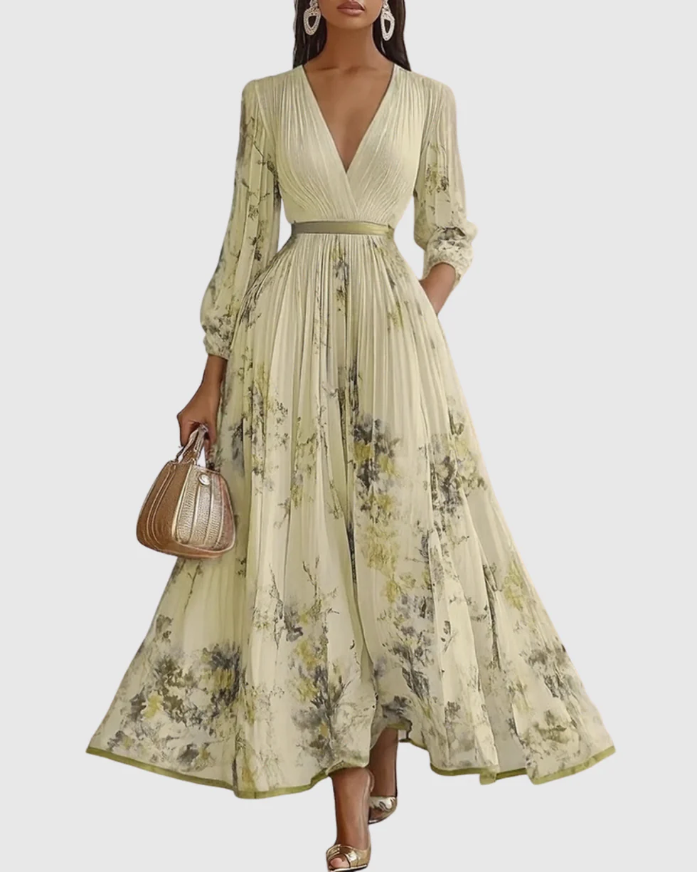 The Floral Pleated V Neck Midi Dress