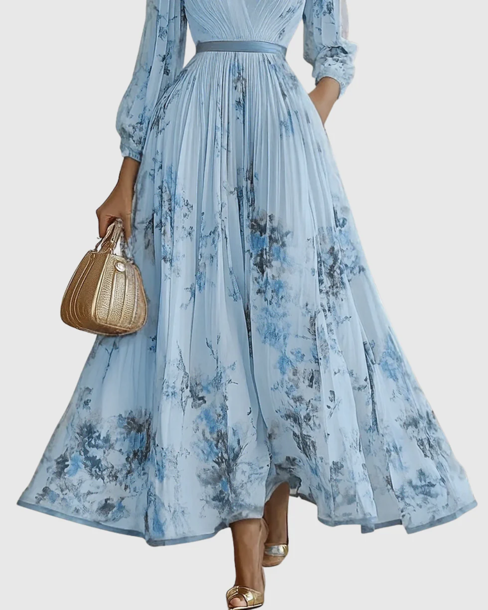 The Floral Pleated V Neck Midi Dress