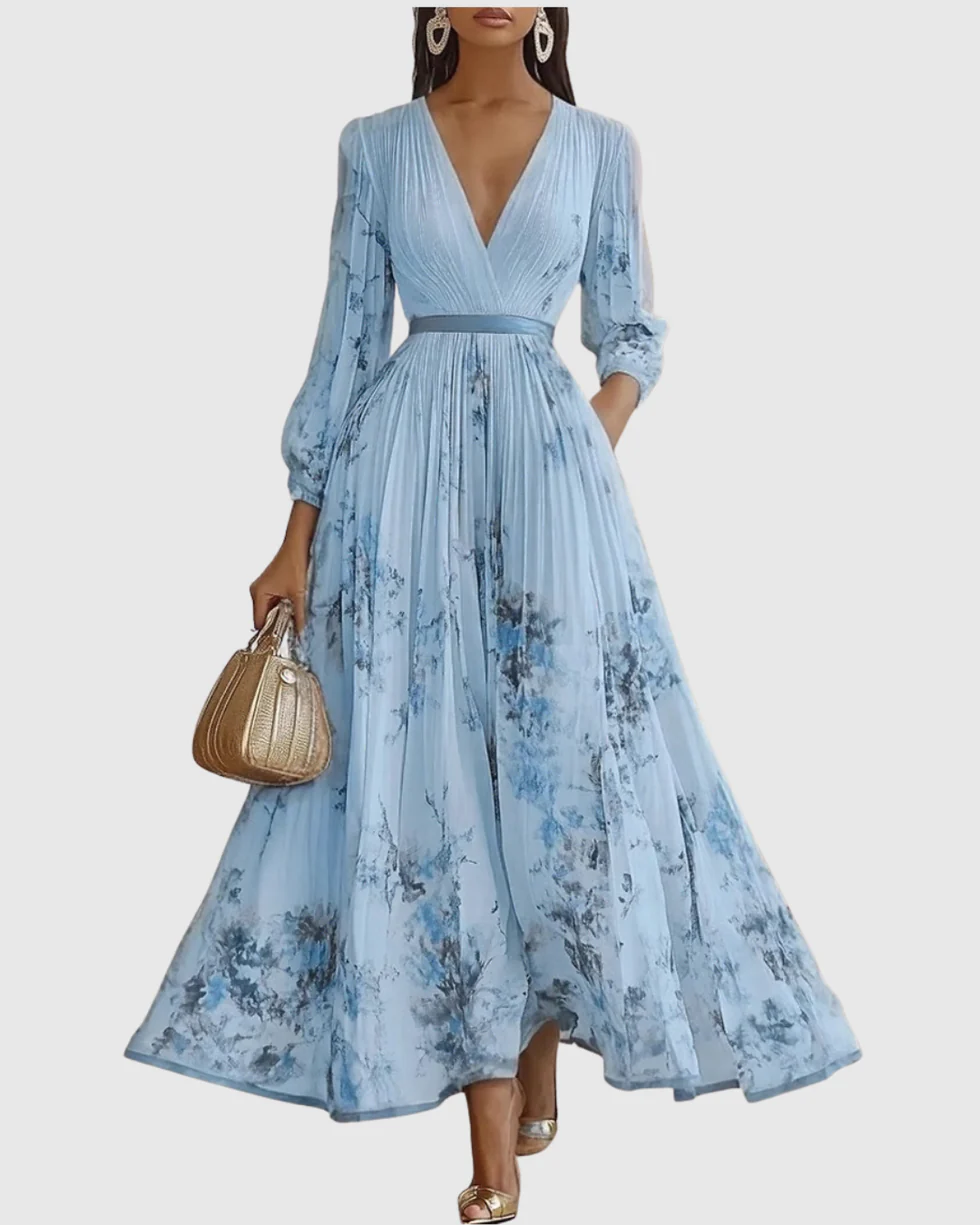 The Floral Pleated V Neck Midi Dress
