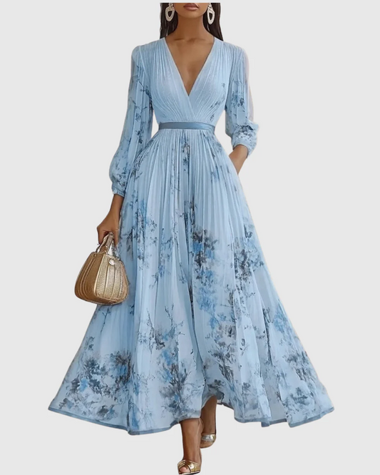 The Floral Pleated V Neck Midi Dress
