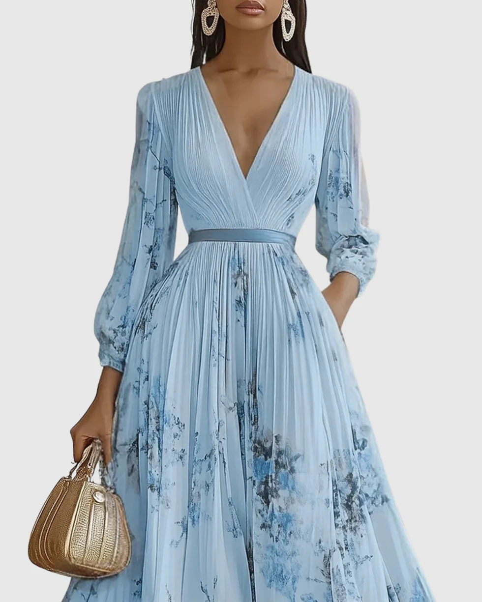 The Floral Pleated V Neck Midi Dress