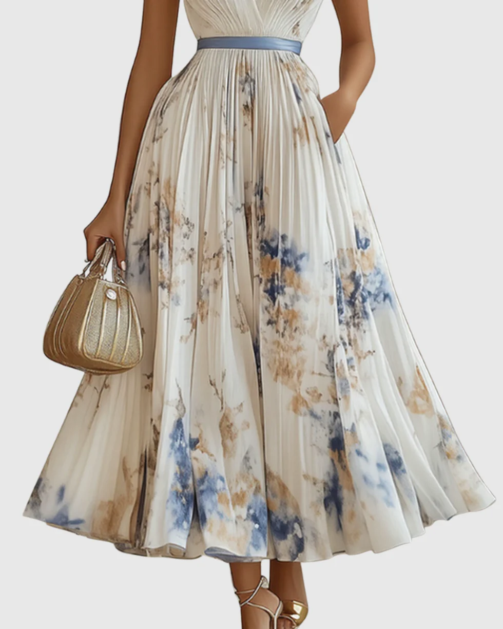 The Floral Pleated V Neck Midi Dress