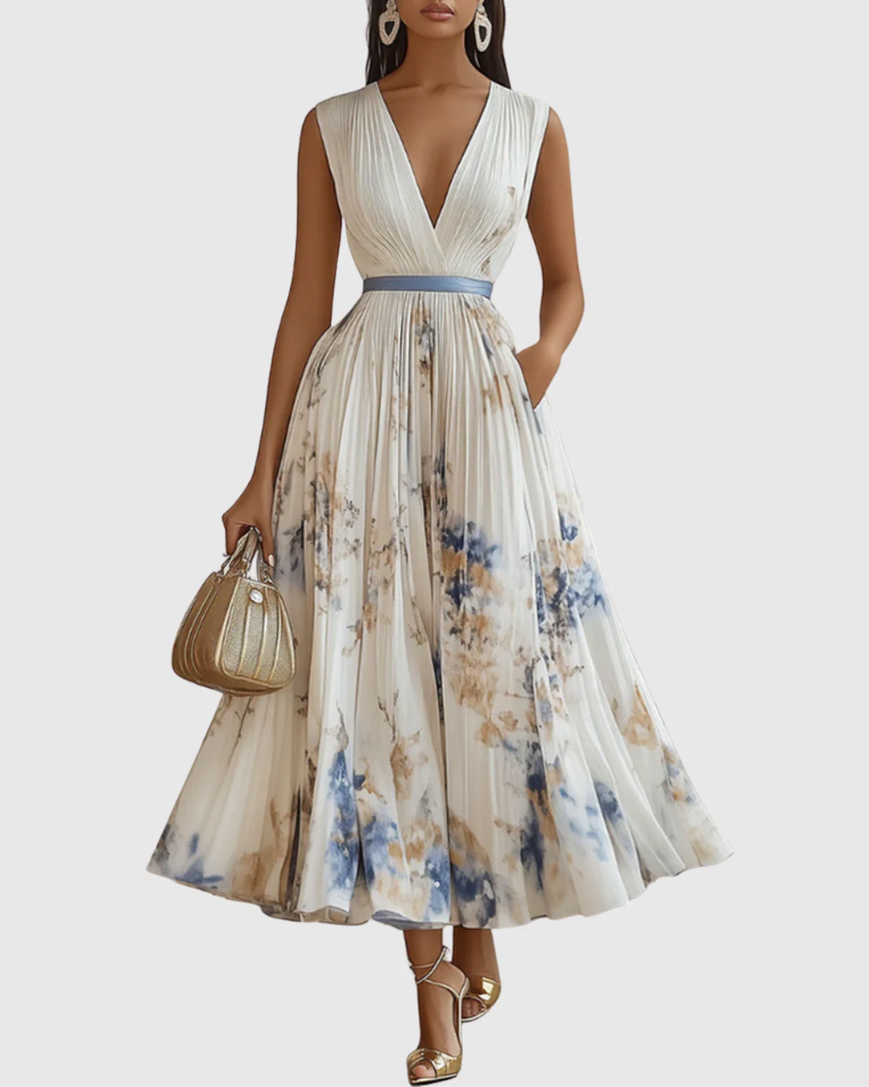 The Floral Pleated V Neck Midi Dress
