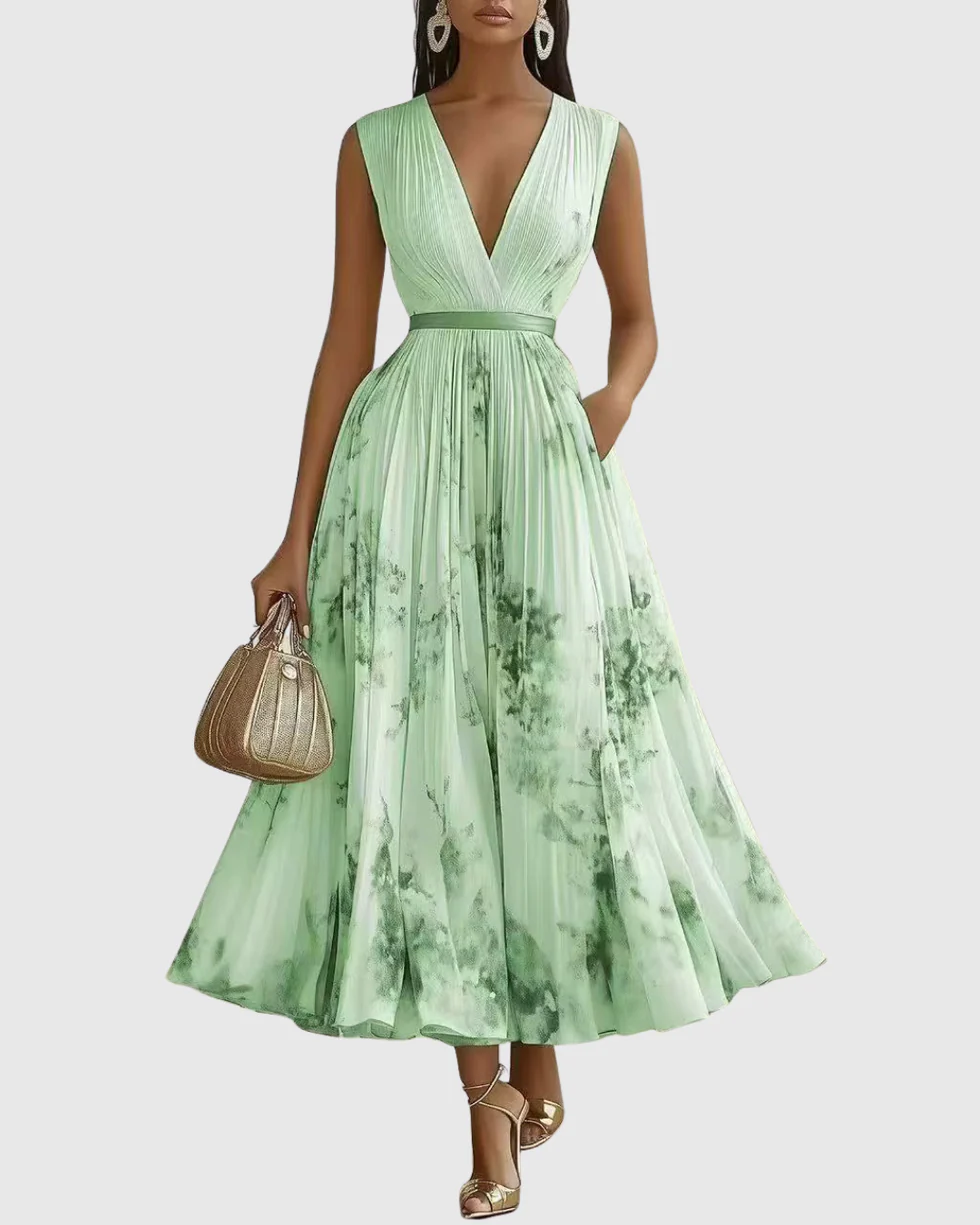 The Floral Pleated V Neck Midi Dress