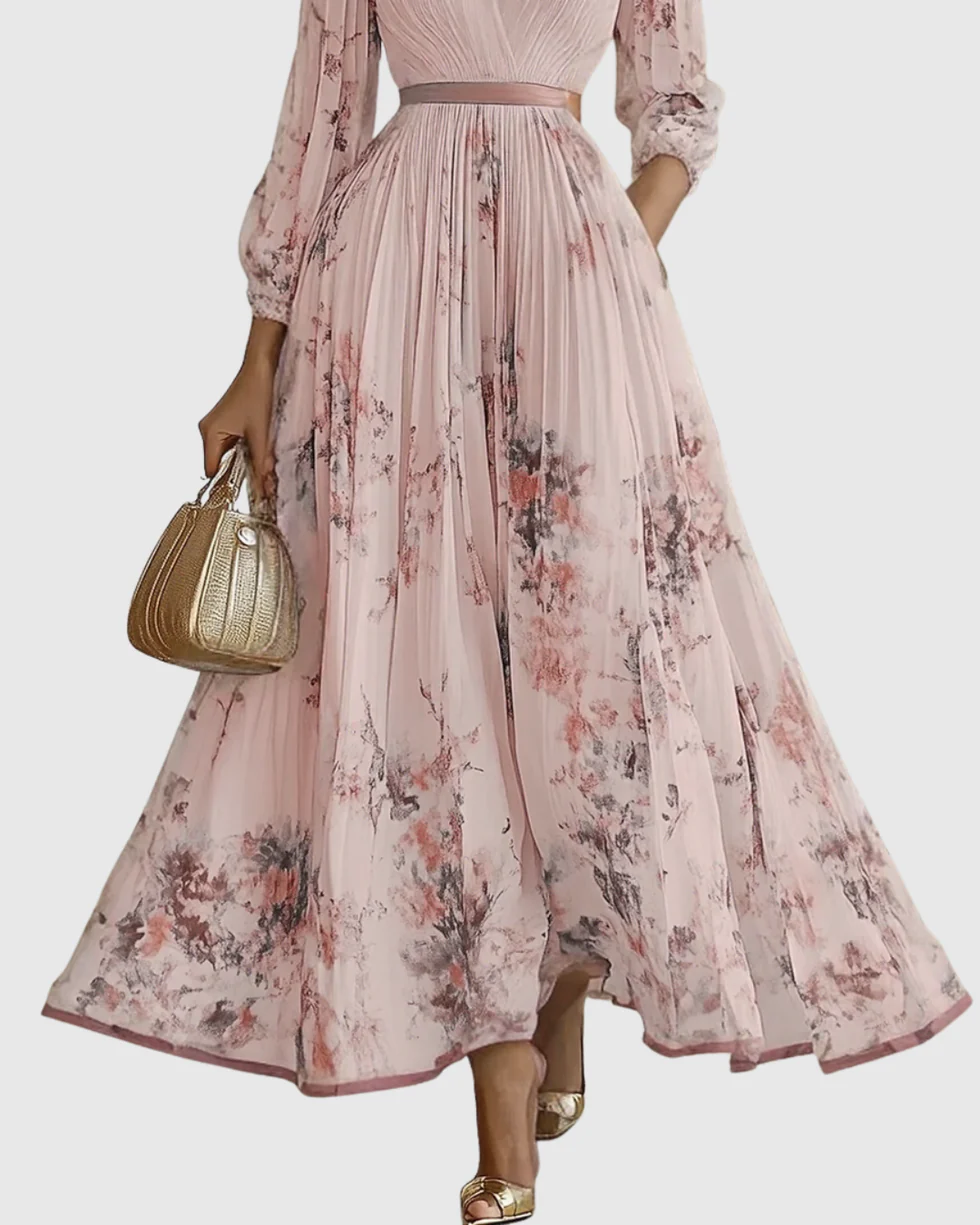 The Floral Pleated V Neck Midi Dress