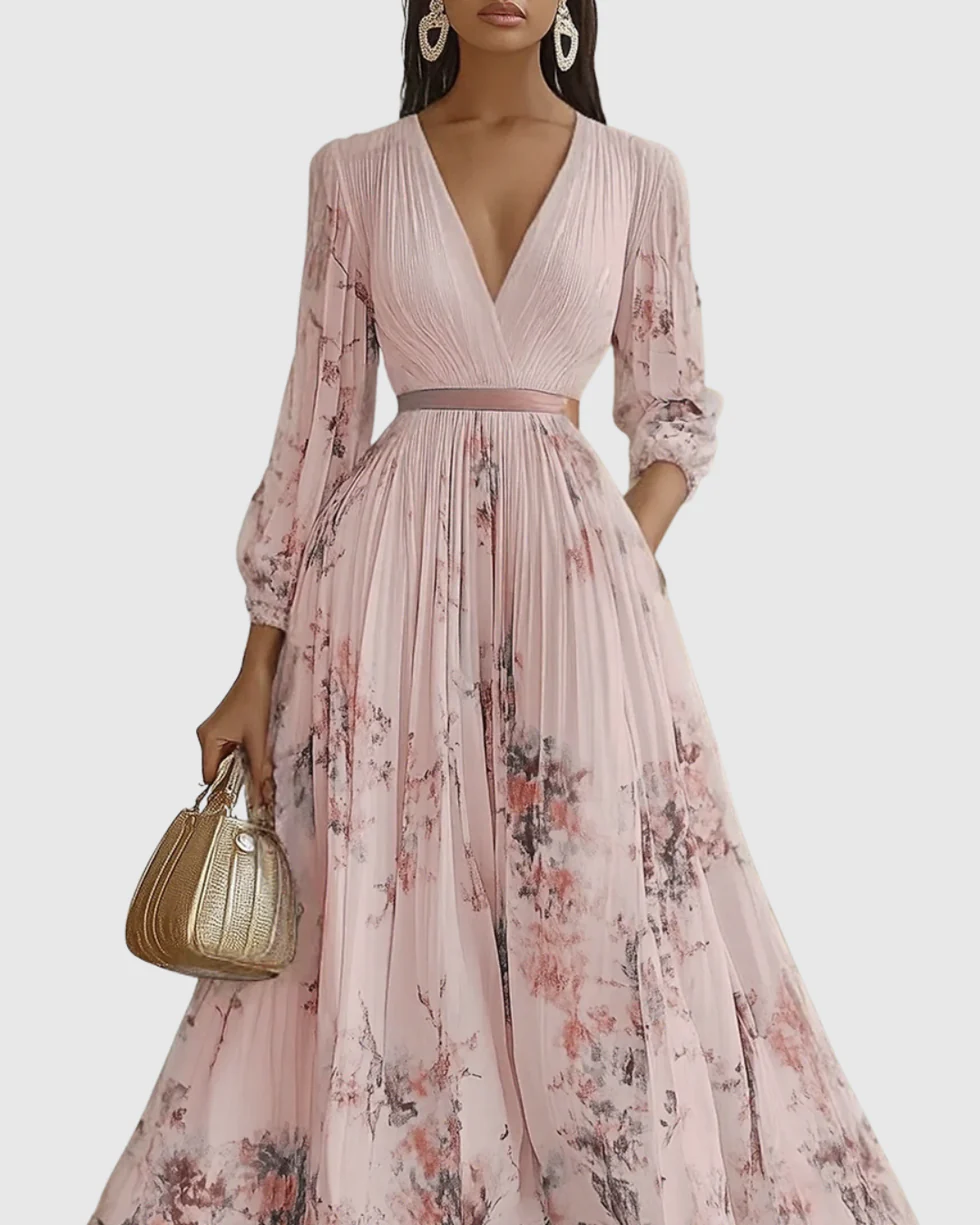 The Floral Pleated V Neck Midi Dress