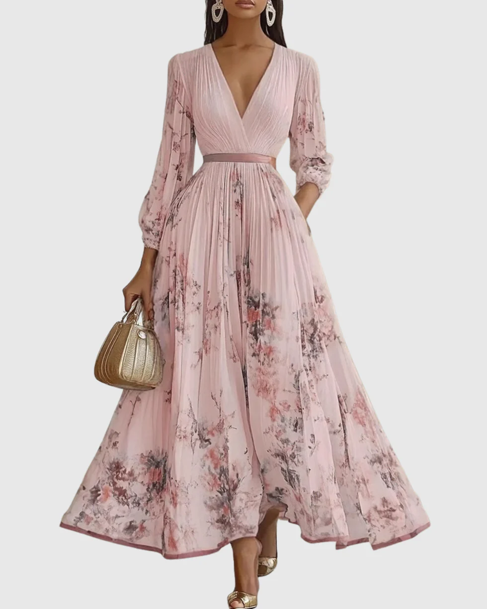 The Floral Pleated V Neck Midi Dress