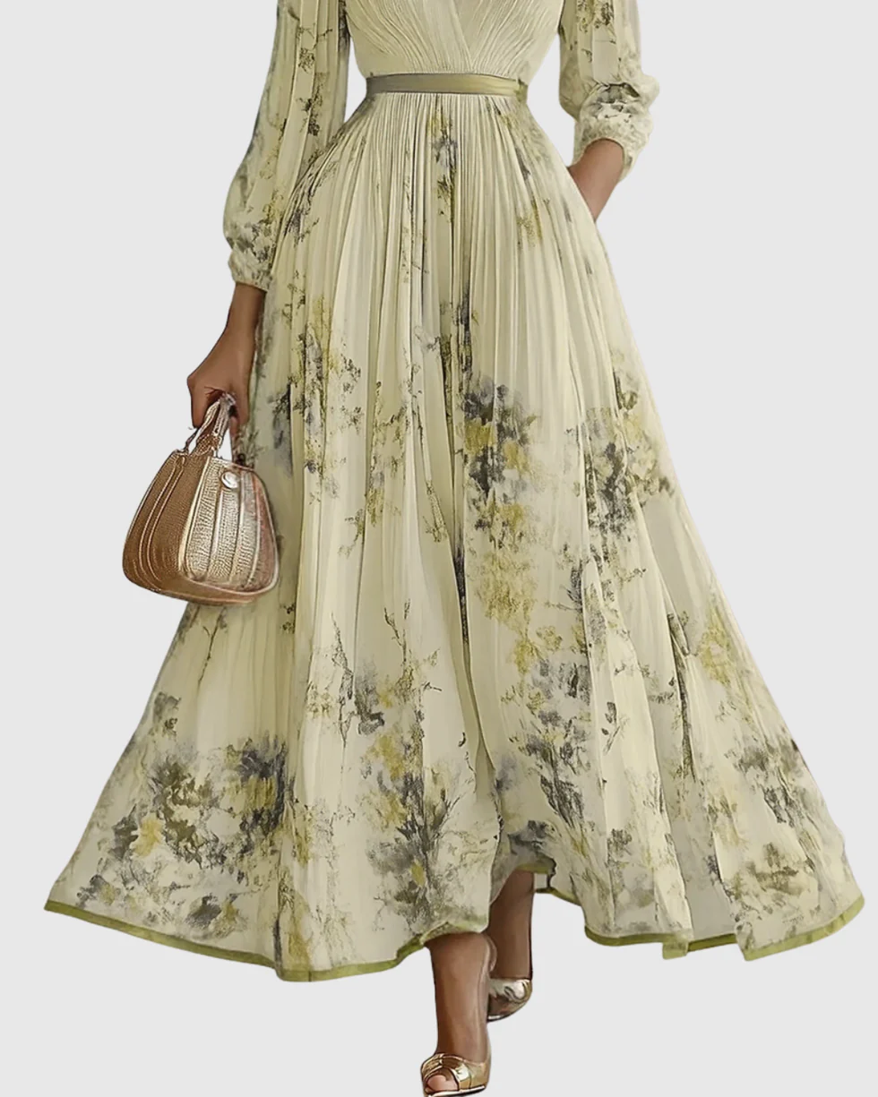 The Floral Pleated V Neck Midi Dress