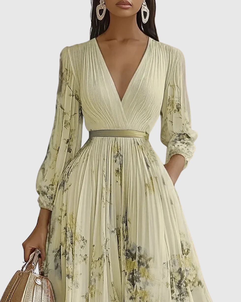 The Floral Pleated V Neck Midi Dress